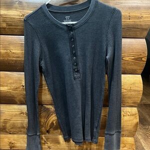 Aerie Charcoal Ribbed Henley Top